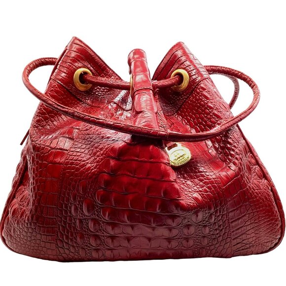 VTG BRAHMIN Dana Drawstring Shoulder Bag Melbourne Croc Embossed Red Leather Lrg - Picture 1 of 8